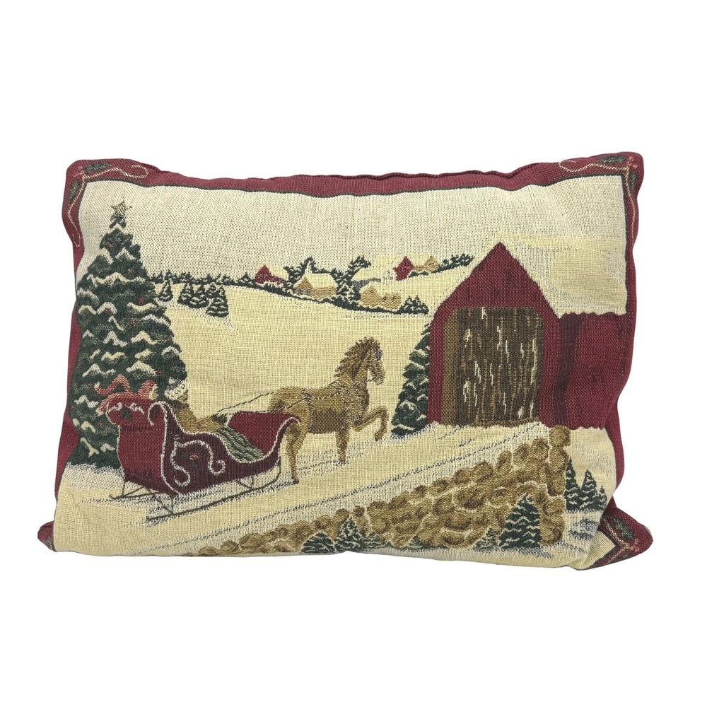 Vtg Christmas‎ Winter Sleigh Horse Barn Throw Pillow Decorative Accent Tapestry